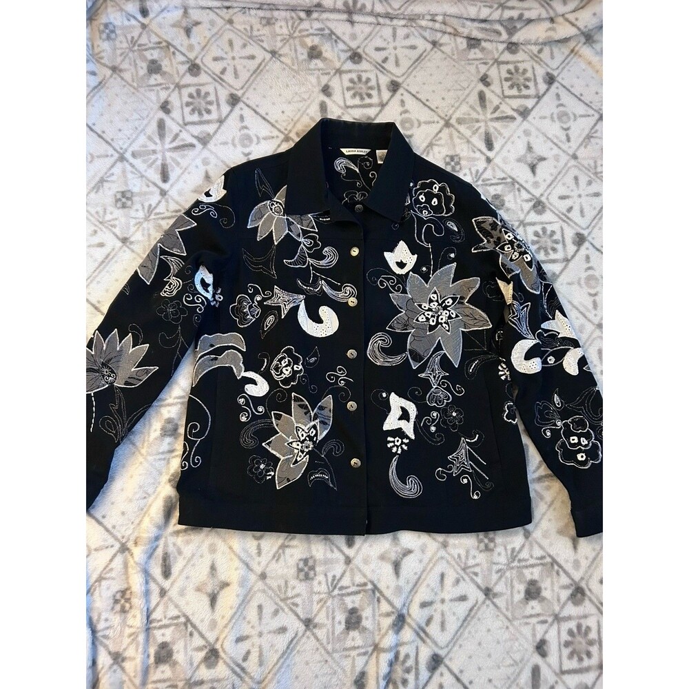 Vintage 90s Chico’s Design Denim Chore Jacket Asian Geisha Satin Lined Size 2 L